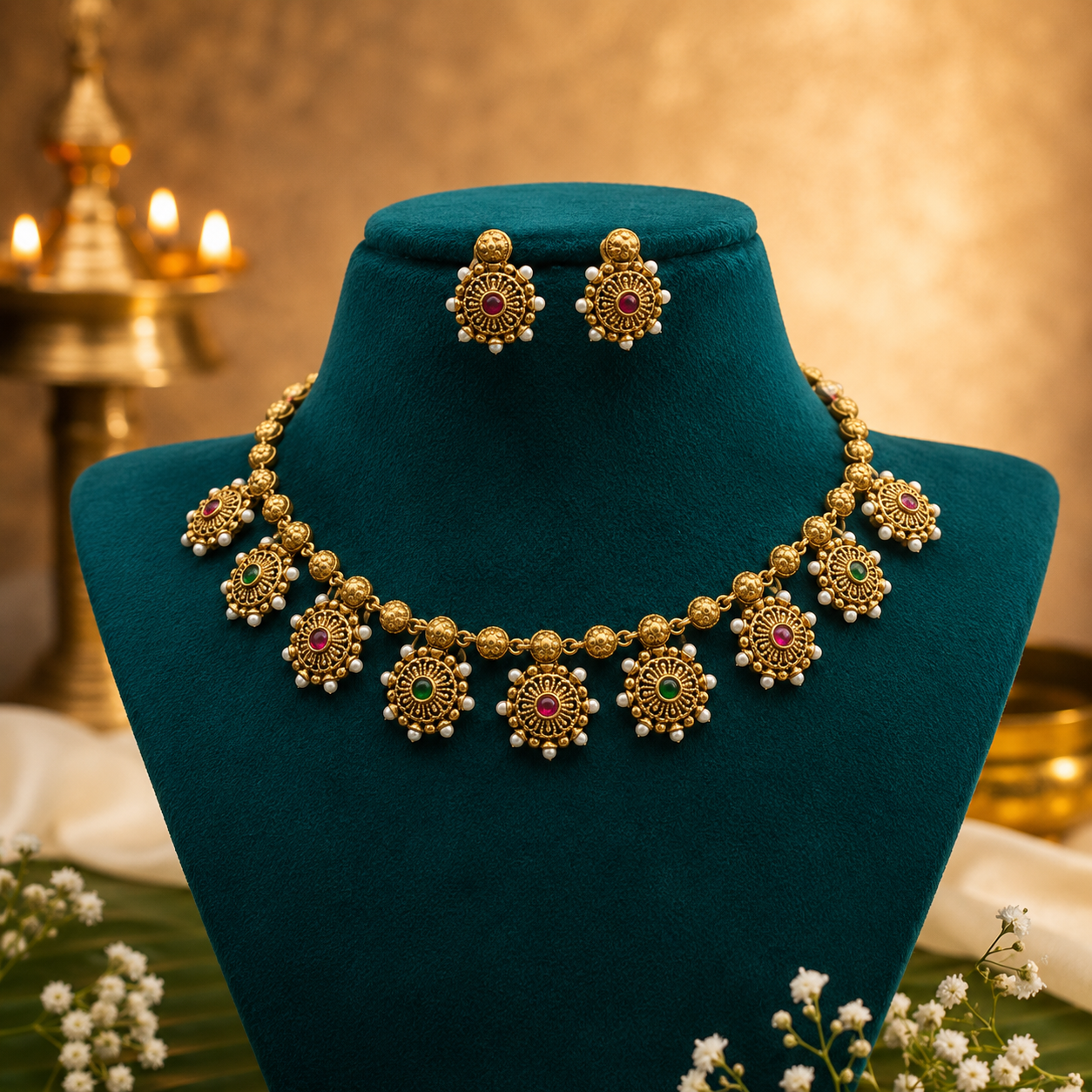 Antique Floral Pearl Necklace Set