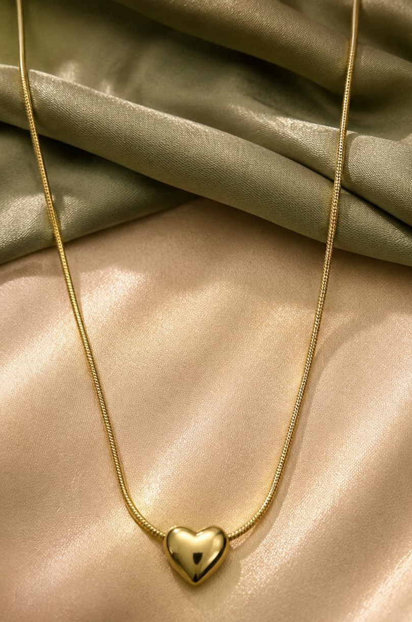 Sleek Gold Puffy Heart Snake Chain Necklace