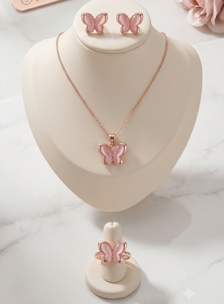 Pink Butterfly Jewelry Set (Necklace, Earrings & Ring)