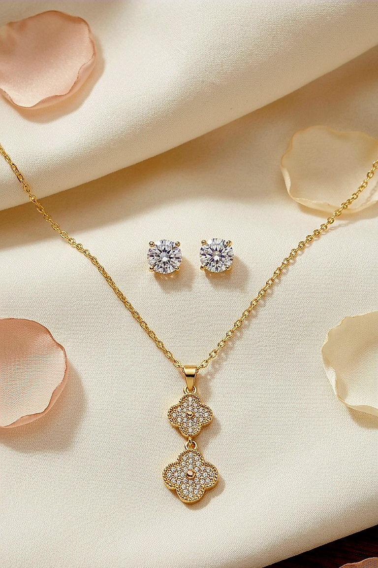 Double Clover Crystal Pendant & Stud Earring Set