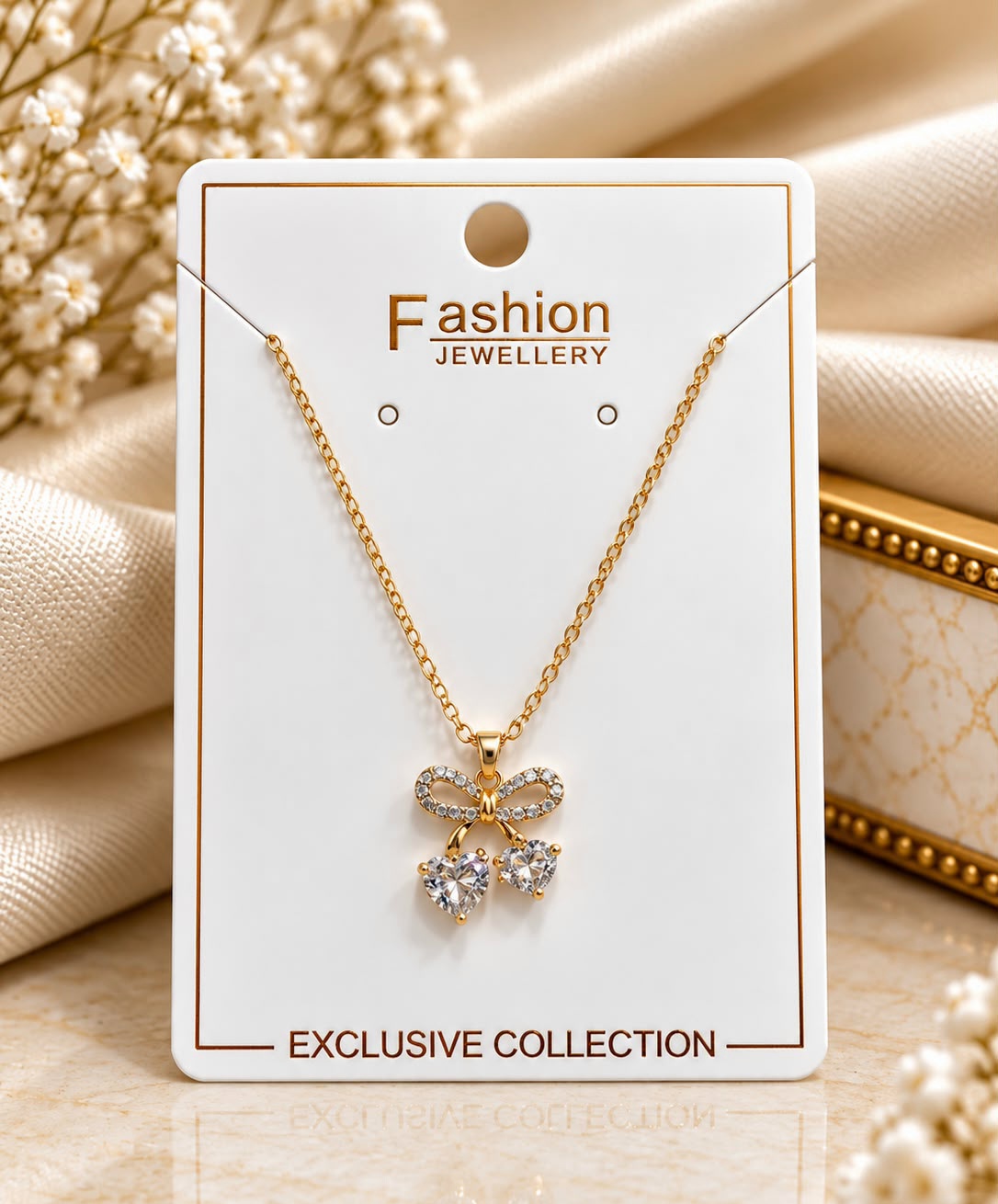 Dazzling Bow & Heart Pendant Necklace