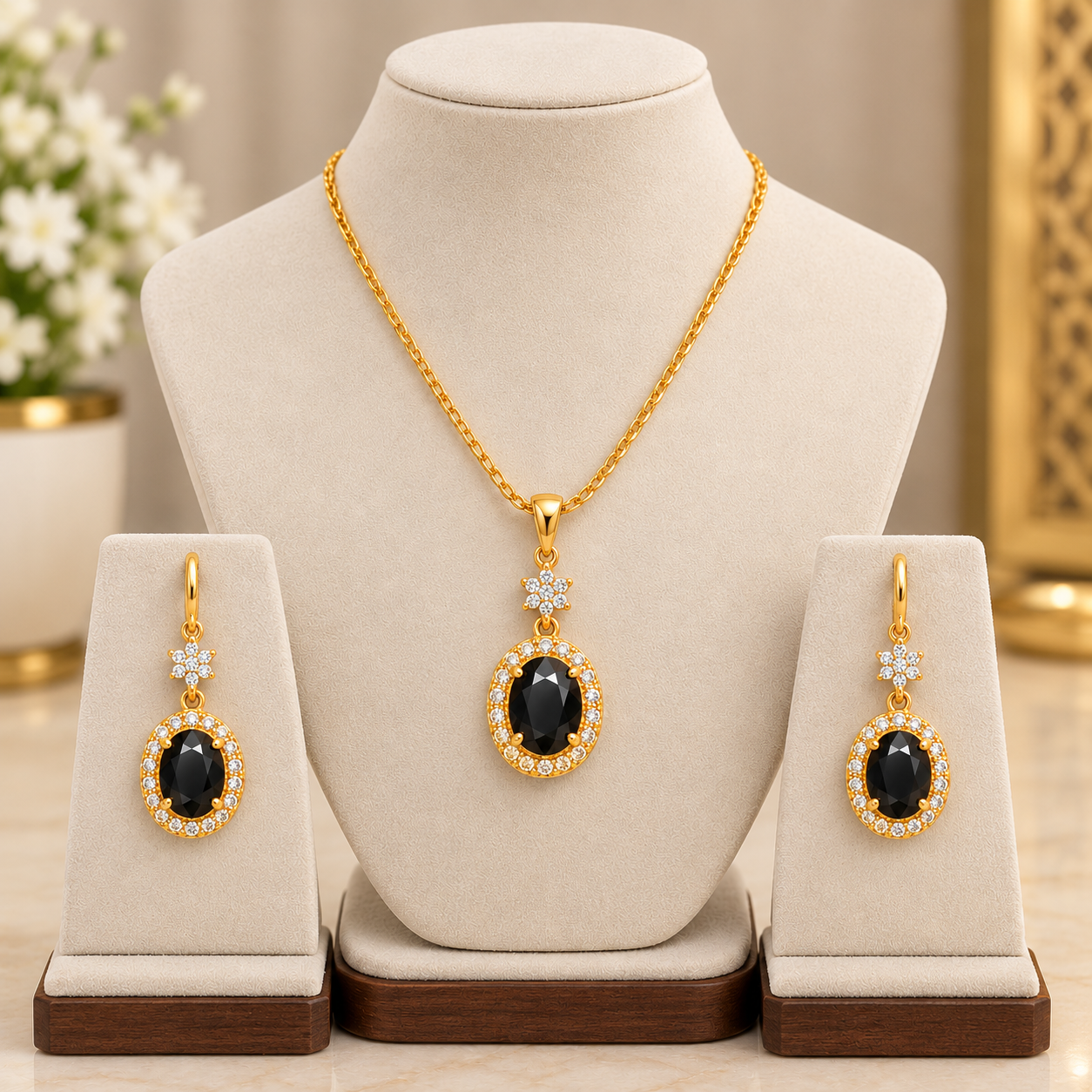 Black Oval Pendant Necklace & Earrings Set