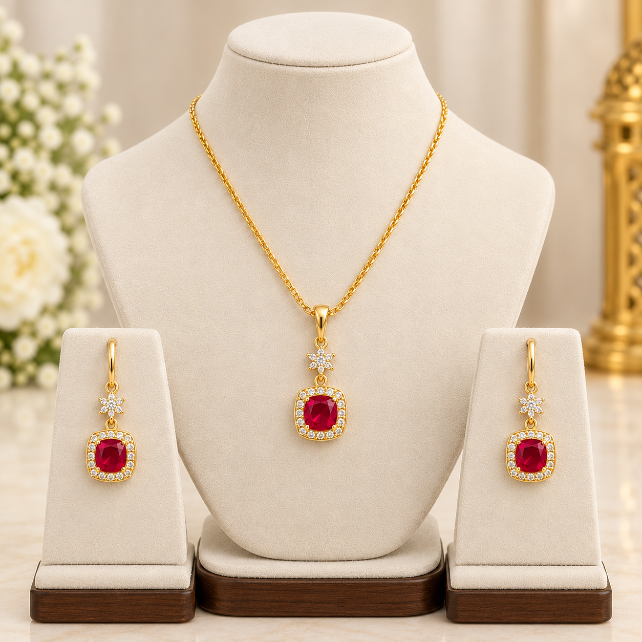 Elegant Red Gold-Plated Necklace & Earring Set