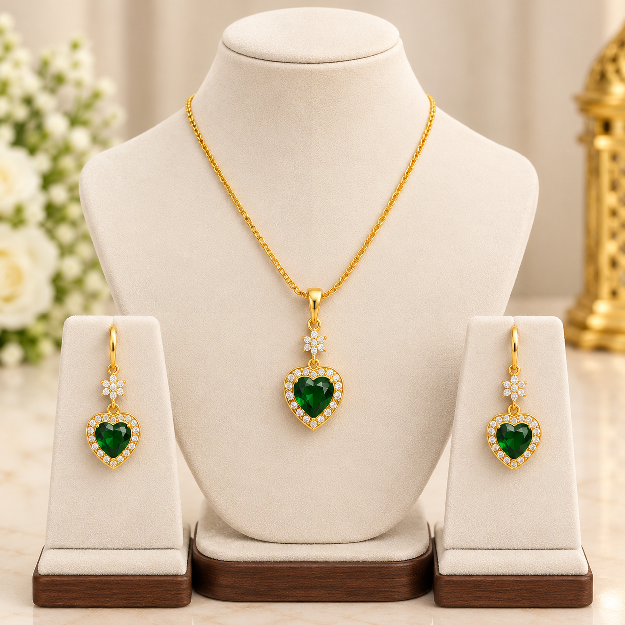 Elegant Green Heart Necklace & Earring Set