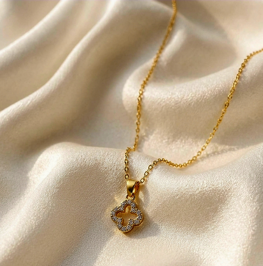 Golden Four-Leaf Clover Pave Pendant Necklace