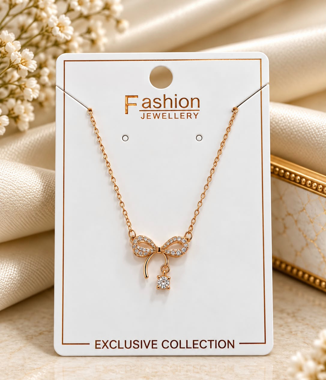 Golden Bowknot & Solitaire Dangle Pendant Necklace