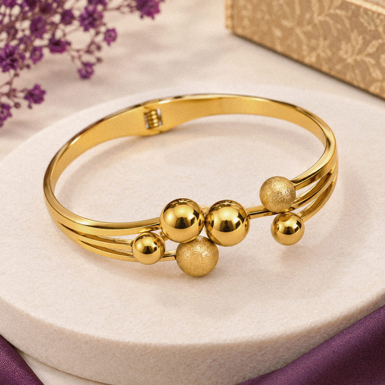 Elegant Gold-Tone Stainless Steel Beaded Bangle