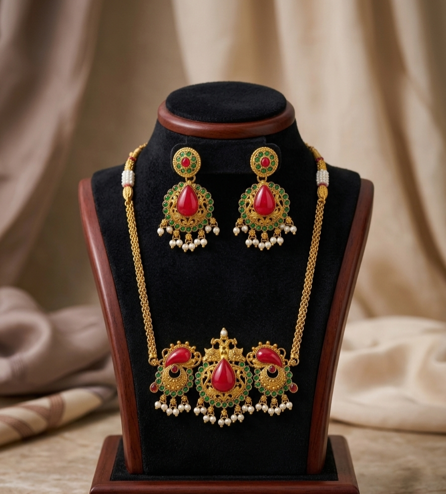 Elegant Red & Green Kundan-Style Jewelry Set
