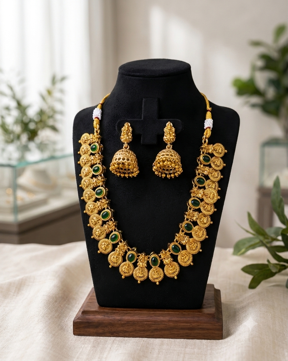 Royal Green Stone Temple Jewellery Set with Jhumka Earrings 